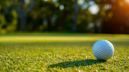 Golf ball is on a green lawn in a beautiful golf course with morning sunshine.