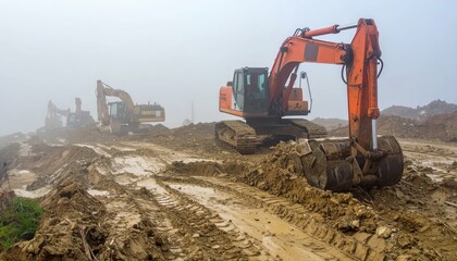 Obraz premium Construction site with excavators in foggy weather conditions