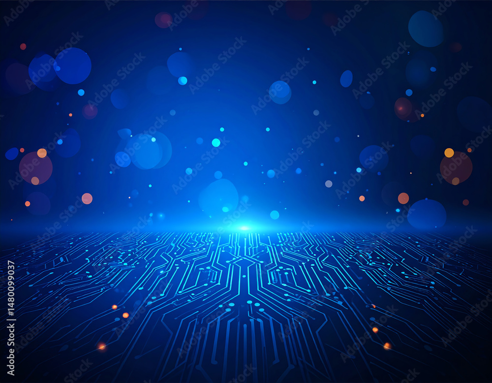 Aufkleber a vibrant blue background with light bokeh effects and a digital circuit pattern creates a futuristi