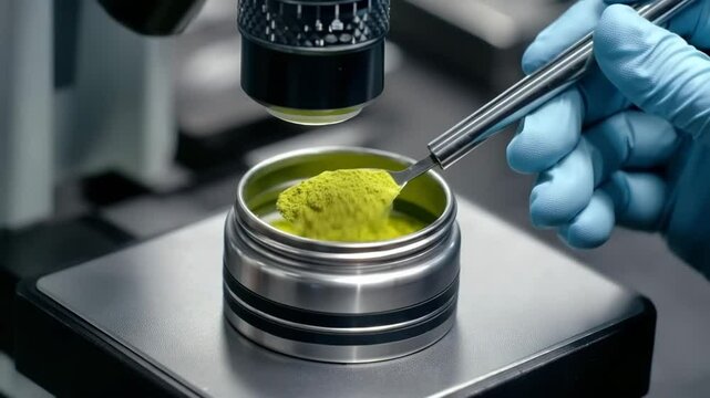 Scientific analysis of green powdered substance with microscope in laboratory setting by gloved hand.