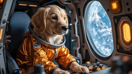 A dog is wearing a space suit and is sitting in a spaceship