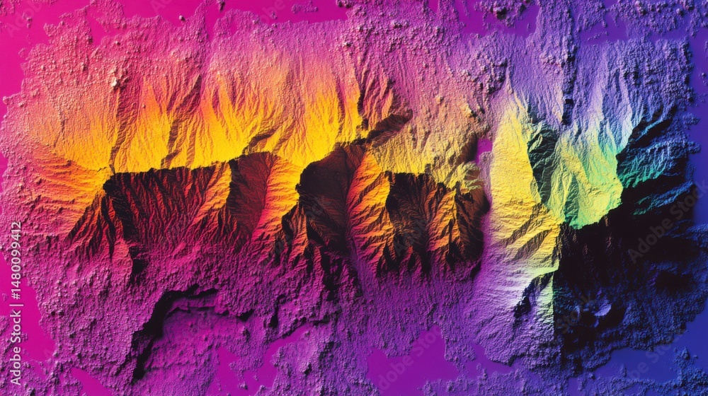 Poster aerial topography view of mountain range showing elevation with rainbow color mapping technology