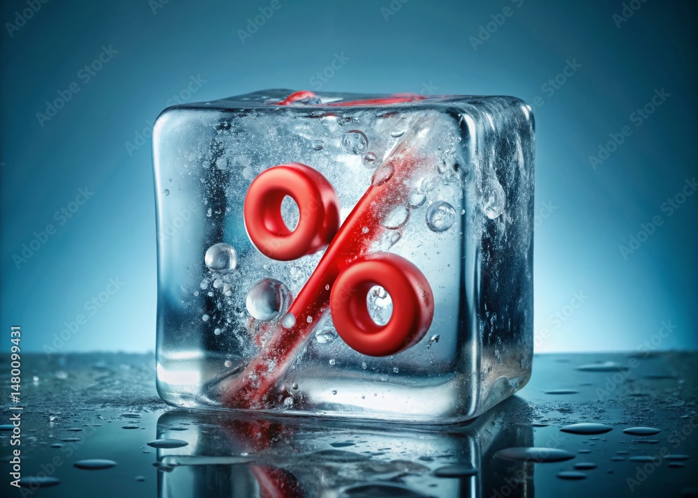 Poster frozen percentage: trailing percentage stops concept, abstract ice block with red percent symbol