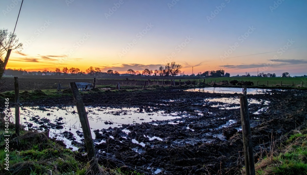 Poster sunset over swampy landscape with reflection and fences in field