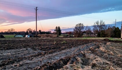 Serene Landscape of Plowed Field at Twilight with Colorful Sky