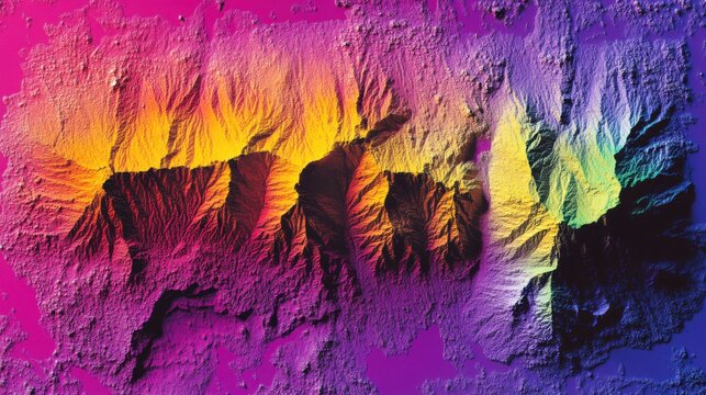 Aerial Topography View of Mountain Range Showing Elevation with Rainbow Color Mapping Technology