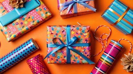 A vibrant arrangement of colorful gift boxes, featuring a mix of patterned papers and blue satin ribbons, all set against a bright orange background.