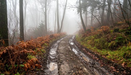 Obraz premium Misty Forest Pathway Surrounded by Ferns and Tall Trees in Autumn
