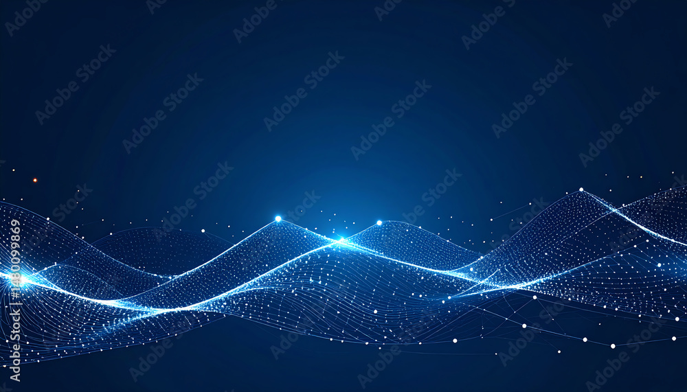 Poster abstract digital waves with glowing points on a dark blue background, representing technology, data 