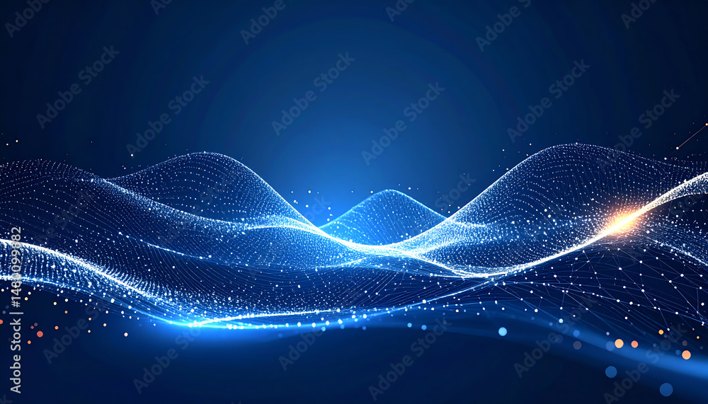 Poster dynamic waves of glowing particles and light create a mesmerizing digital landscape against a deep b