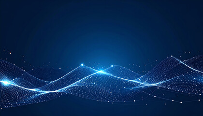 Abstract digital waves with glowing points on a dark blue background, representing technology, data flow, or sound waves in a modern design