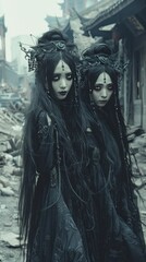 Mysterious women in dark Gothic attire in an eerie setting