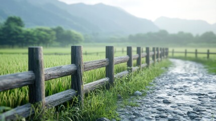 Fototapeta premium Scenic Pathway Through Lush Green Rice Field with Wooden Fence and Misty Mountains in the Background