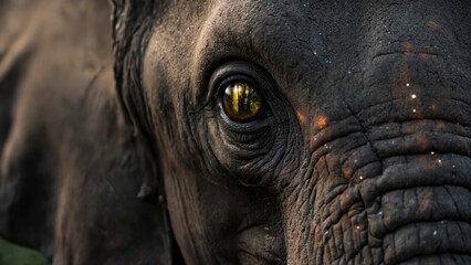 The elephant has a large eye with a yellow iris