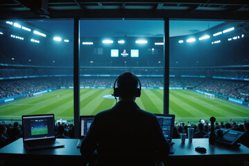 Sports Commentator in Stadium Press Box – Silhouette With Headphones Watching Football Match for Journalism Coverage, Broadcasting Media, and Sports Journalist Day