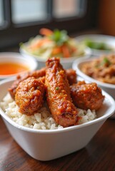 Fototapeta premium Delicious Bowl of Spicy Chicken Wings with Rice and Fresh Vegetables