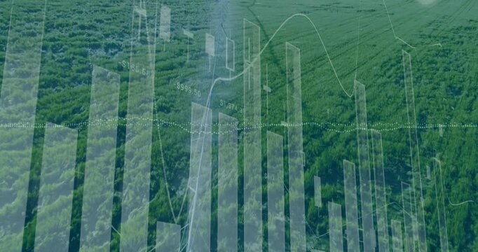 Showing pivot irrigation over green crop rows displaying translucent bar charts and numeric labels