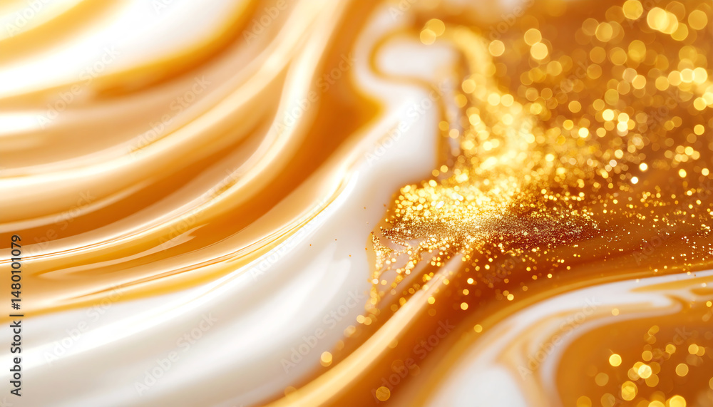 Poster swirls of golden liquid shimmer with sparkling highlights, creating an elegant and luxurious texture