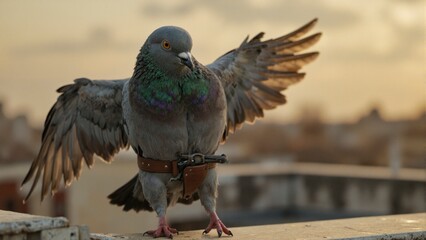 A pigeon with a gun strapped to its leg stands on a ledge