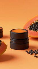 Cylindrical container with orange cream, alongside papaya slices and seeds on orange backdrop