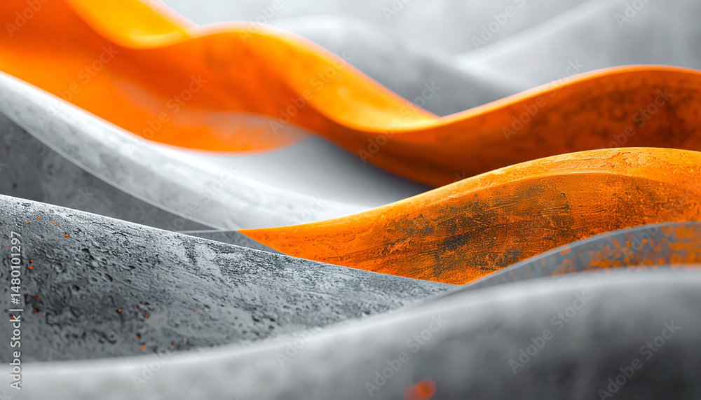 Poster abstract waves of gray and orange create a dynamic, textured composition, highlighting contrasts in 