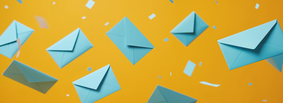 Floating Blue Envelopes on Yellow Background - Digital Communication Concept for Promotional Email Campaign and Marketing Strategy Presentations