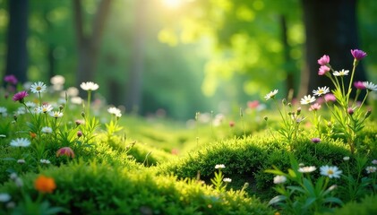 Sunlight dappling lush green meadow, wildflowers near soft moss bed, tranquility, landscape