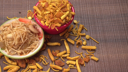 Indian Snacks, Traditional Indian deep fried salty dish called chivda or mixture or farsan made of...