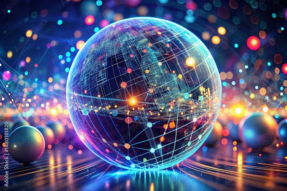 Poster futuristic quantum computing big data sphere: 3d render bokeh illustration