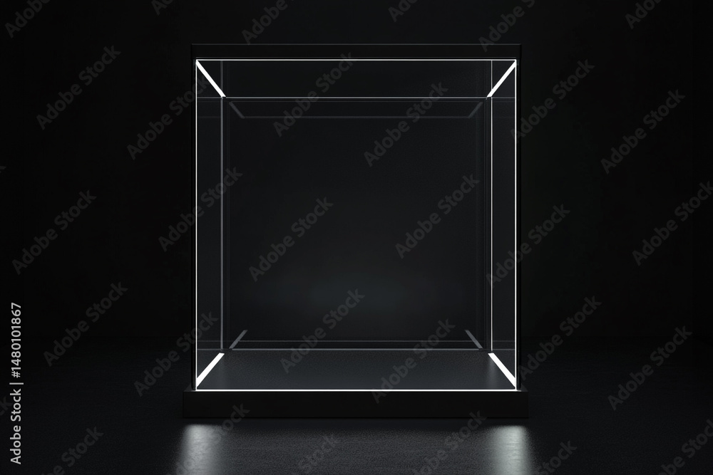 Poster illuminated glass cube display case on dark background a minimalist design