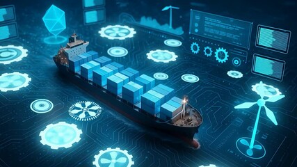 Cargo Ship Surrounded by Digital Gears, Wind Turbines and Analytics Panels Representing Smart Maritime Logistics and Transport
- Powered by Adobe
