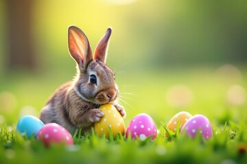 Fototapeta premium Adorable Easter bunny hiding colorful eggs in a spring meadow , pastel, Ostern