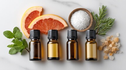 Flat lay of essential oil bottles on white background with fresh grapefruit halves, mint sprigs, and a small pile of sea salt crystals for spa salt scrub tutorial imagery