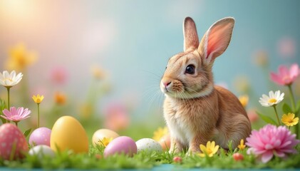 Adorable Easter bunny surrounded by colorful Easter candy, eggs, and spring flowers , fluffy, cute, chocolate bunny