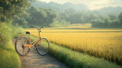 Obraz premium Peaceful Bicycle in Rice Field with Lush Greenery and Golden Wheat under a Soft Morning Light