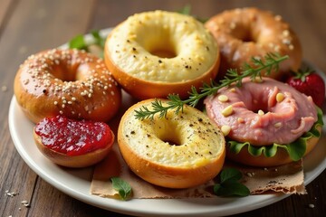 Bagel halves with different spreads & fillings , spread, avocado