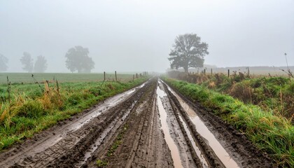 Misty Country Road with Muddy Tracks and Lush Green Landscape