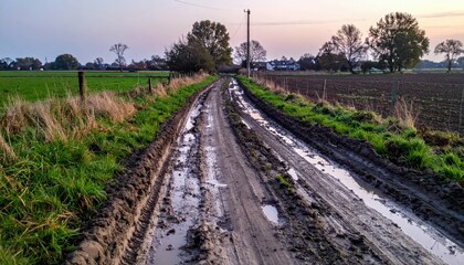 Obraz premium Muddy Country Lane at Sunset with Fields and Trees in Background