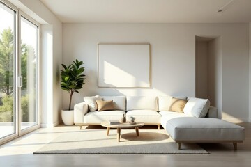 Bright, airy minimalist living room with simple furniture and natural light Neutral color palette, clean lines , room, grey
