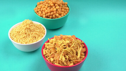 Indian Snacks, Traditional Indian deep fried salty dish called chivda or mixture or farsan made of...