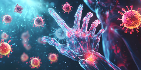 3D Visualization of Virus Attacking Human Hand, Digital Representation of Virus Infection on Human Body, Biometric Technology Interacting with Virus Cells

