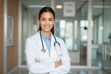 Female Doctor With Stethoscope - Confident Healthcare Professional in Hospital Corridor for Medical Care Awareness and World Hepatitis Day Campaigns