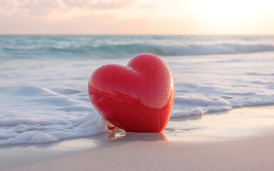 Fototapeta premium Red heart-shaped object on the beach, surrounded by ocean foam, symbolizing love and serenity