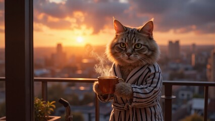 A cat is wearing a robe and holding a cup of coffee