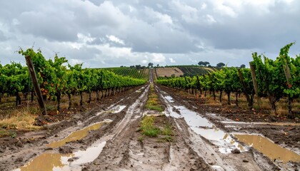 Obraz premium Scenic Vineyard Pathway with Clouds and Reflection on Muddy Soil