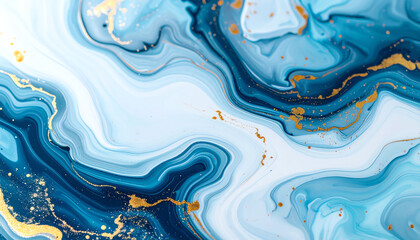 A stunning abstract design featuring swirling shades of blue and white, accented with gold specks, creating a fluid and dynamic visual effect