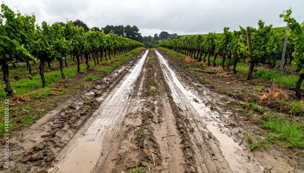 Poster muddy vineyard path between rows of lush green grape vines