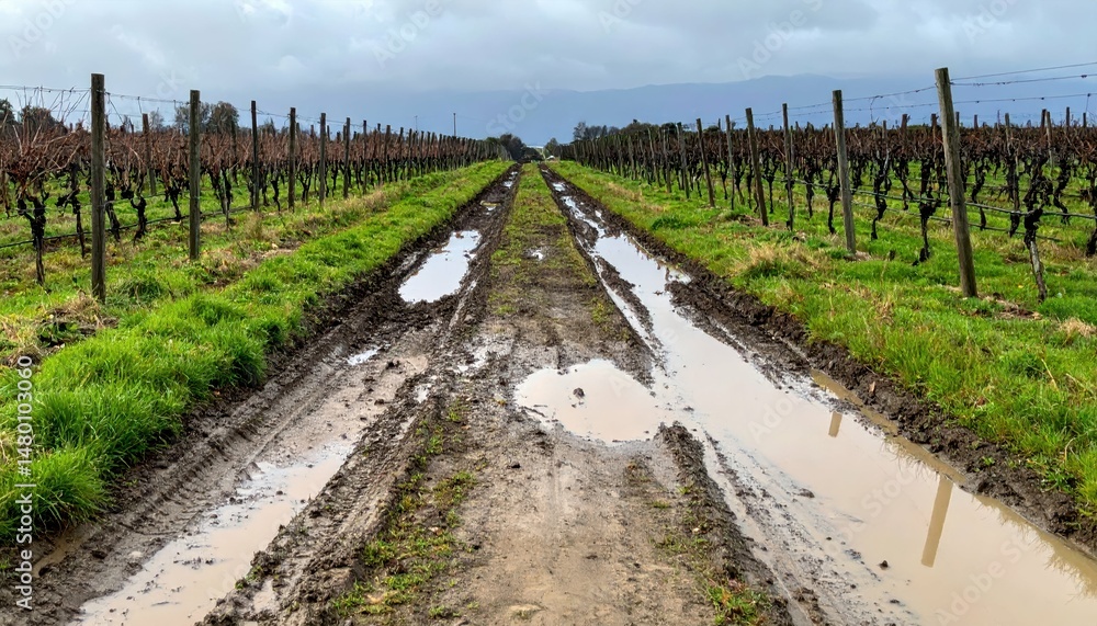 Poster muddy vineyard pathway between rows of grapevines on a cloudy day