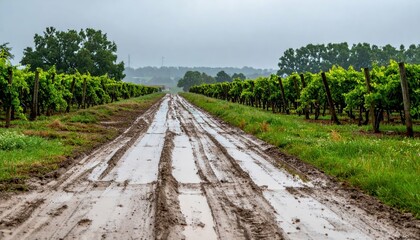 Obraz premium Muddy Vineyard Pathway with Lush Grapevines Under Cloudy Sky