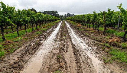 Obraz premium Muddy Vineyard Path Between Rows of Lush Green Grape Vines